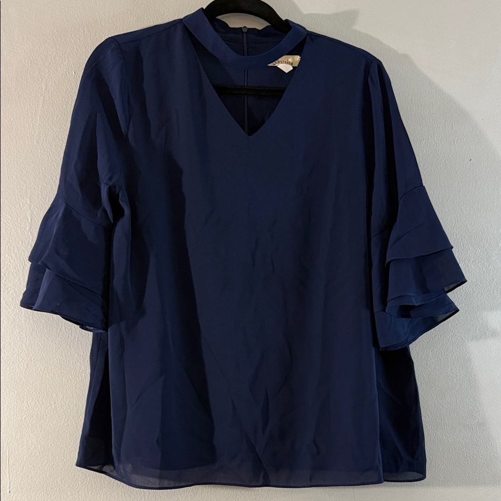 Navy Blue Chiffon Blouse Ruffle Sleeve V-Neck Lightweight Top - Size L